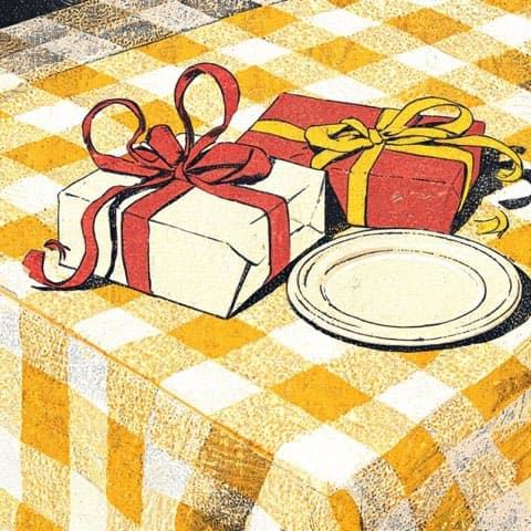 A cheerful birthday table with gifts and party details