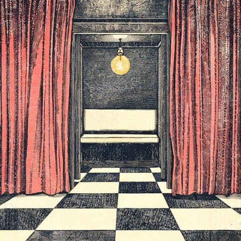 A hand-drawn classic photo booth with red curtains