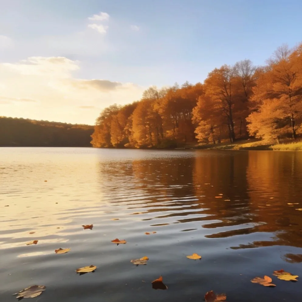 Vintage photobooth strip with warm filter and date stamp: Autumn trees reflected in a quiet lake