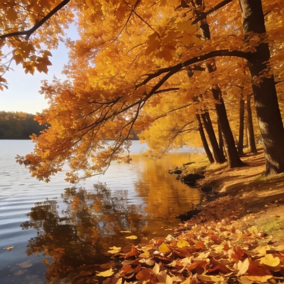 Vintage photobooth strip with warm filter and date stamp: Golden leaves over an autumn lakeshore