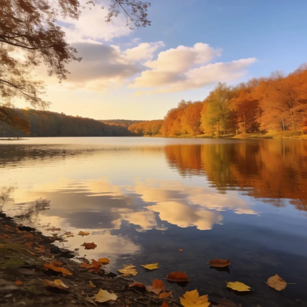 Vintage photobooth strip with warm filter and date stamp: Clouds reflected in an autumn lake