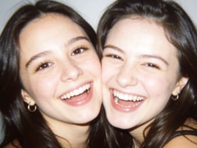 Two friends laughing at the camera, shot with a direct flash