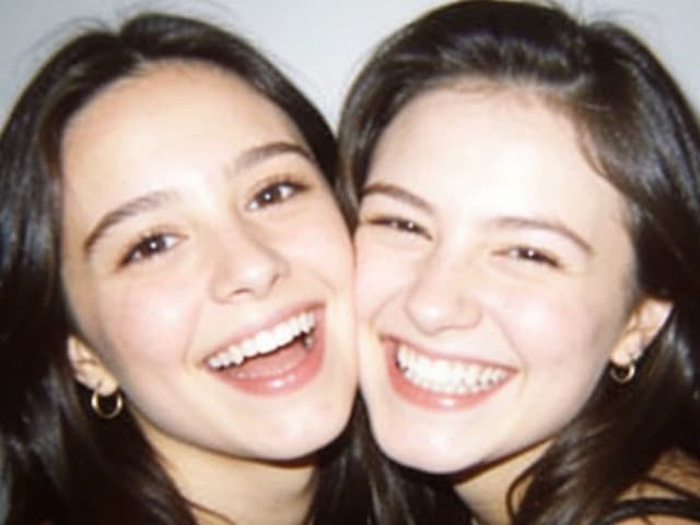 The same two friends mid-giggle against a plain backdrop