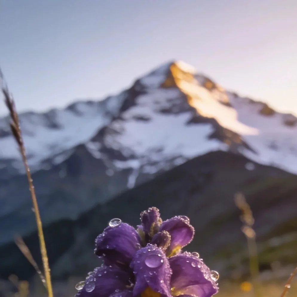 Vintage photobooth strip with vintage filter and date stamp: Wildflowers below snow-capped mountains