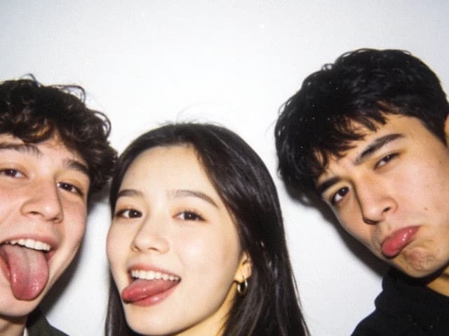 The same four friends crowded into the frame, laughing